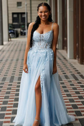 A-Line Long Corset Blue Prom Dress 2025 Lace Tulle Spaghetti Straps